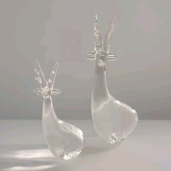 Set Of 2 Crystal Clear Art Glass Christmas Reindeer Solid Glass Taiwan - Picture 1 of 6